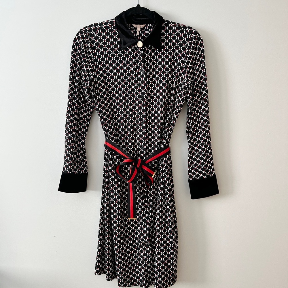 ESQUALO Black and White Patterned Long-Sleeve Dress with Red Belt - Picture 2 of 5